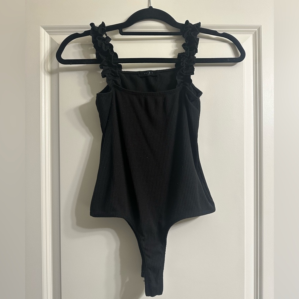 Elegant Black Ruffle Strap Bodysuit